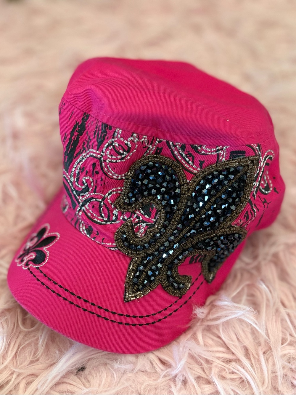 KBETHOS Hot Pink Beaded Fleur-de-Lis Military Cap